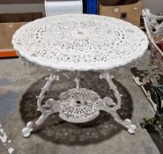 Victorian style white cast alloy circular garden table, 73cm high x 92cm dia