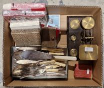Set of early 20th century scales with some weights, a collection of silver plated flatware,