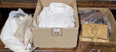 Collection of vintage linen, lace and handbags including floral embroidered tablecloths and other