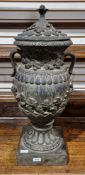 Decorator's item, marble-effect resin lidded twin handled urn of vase form with moulded foliate