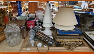 Collection of various items including three mirrors, footstool, table lamp, paper parasol, glass