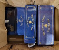 Six boxed Mayflower glass sculptures, ships in bottles on wooden stands including The Santa Maria,
