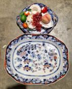 19th century Copeland stoneware meat plate decorated in the Imari palette, 54cm long, together