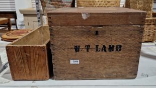 Late 19th/early 20th century oak square box, the front stamped W.T. Lamb, 28cm high x 35cm wide,