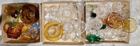 Collection of mixed glassware including clear glass and coloured glass, pressed amber glass, a brown