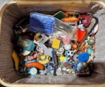 Vanity case containing a collection of novelty and souvenir keyrings