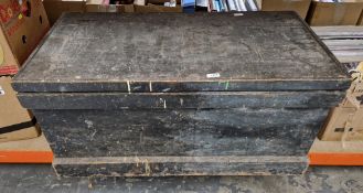 19th century stained pine work box or blanket box with rope handles on a plinth base with key,