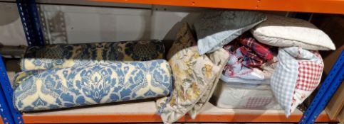 Collection of cushions, blankets, bedspreads and b