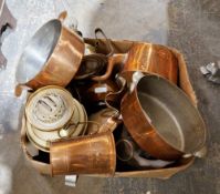 Collection of brass, copper and clocks including an Elkington copper cooking pot, another copper