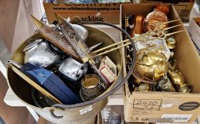 Collection of metalware and other items including a brass jam pan, a pair of copper pots, a brass