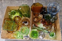 Assorted coloured glassware, including a art deco style smokey amber glass faceted bowl, a Murano