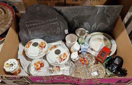 Mixed lot including two Welsh slate wall plaques, a Bonzo ceramic salt pot, a pig ceramic salt and