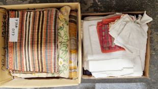 Mixed lot of fabric items to include a wool blanket, a white bedspread, various linen tablecloths
