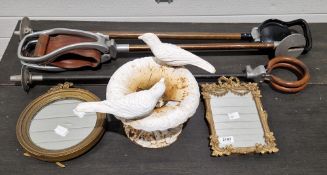 Small gilt gesso wall mirror, another wall mirror, a small cast iron white painted bird bath and 3