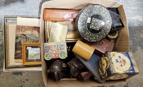 A mixed lot of collectable items including serpentine stone bowls, wooden rulers, advertising