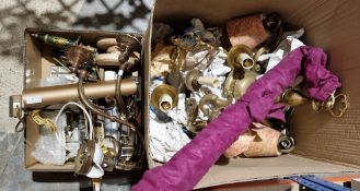 Collection of light fittings, including two brass scroll arm gas light fittings, two over picture
