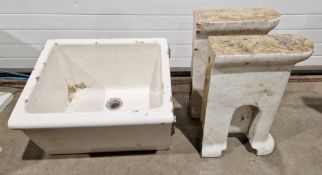 Butler's white ceramic belfast sink on stand, comprising two white ceramic plinth bases, 100cm