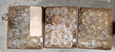 Collection of glassware including Edwardian and later etched drinking glasses, cut glass wine