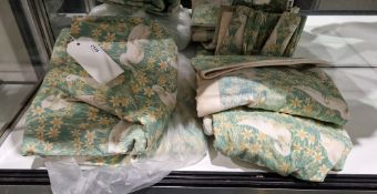 Laura Ashley curtains, green ground printed with geese and daffodils, lined and interlined with