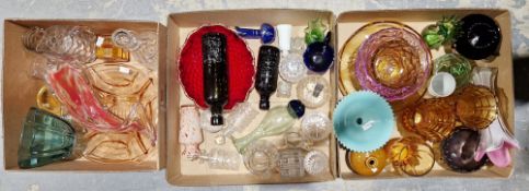 Collection of mixed glassware including pressed amber glass vases, a green milk glass footed bowl
