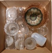 Collection of mainly moulded glassware including a Carnival glass bowl, a milk glass bottle, a Peace
