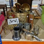 Collection of metalware and other items, including a brass log basket with embossed sailing ship