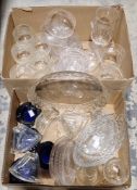 Collection of glassware including Stuart cut glass bowls, an etched celery vase, goblets on square