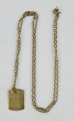 9ct yellow gold dog tag pendant of plain form, engraved with a date, on a 9ct chain link necklace,