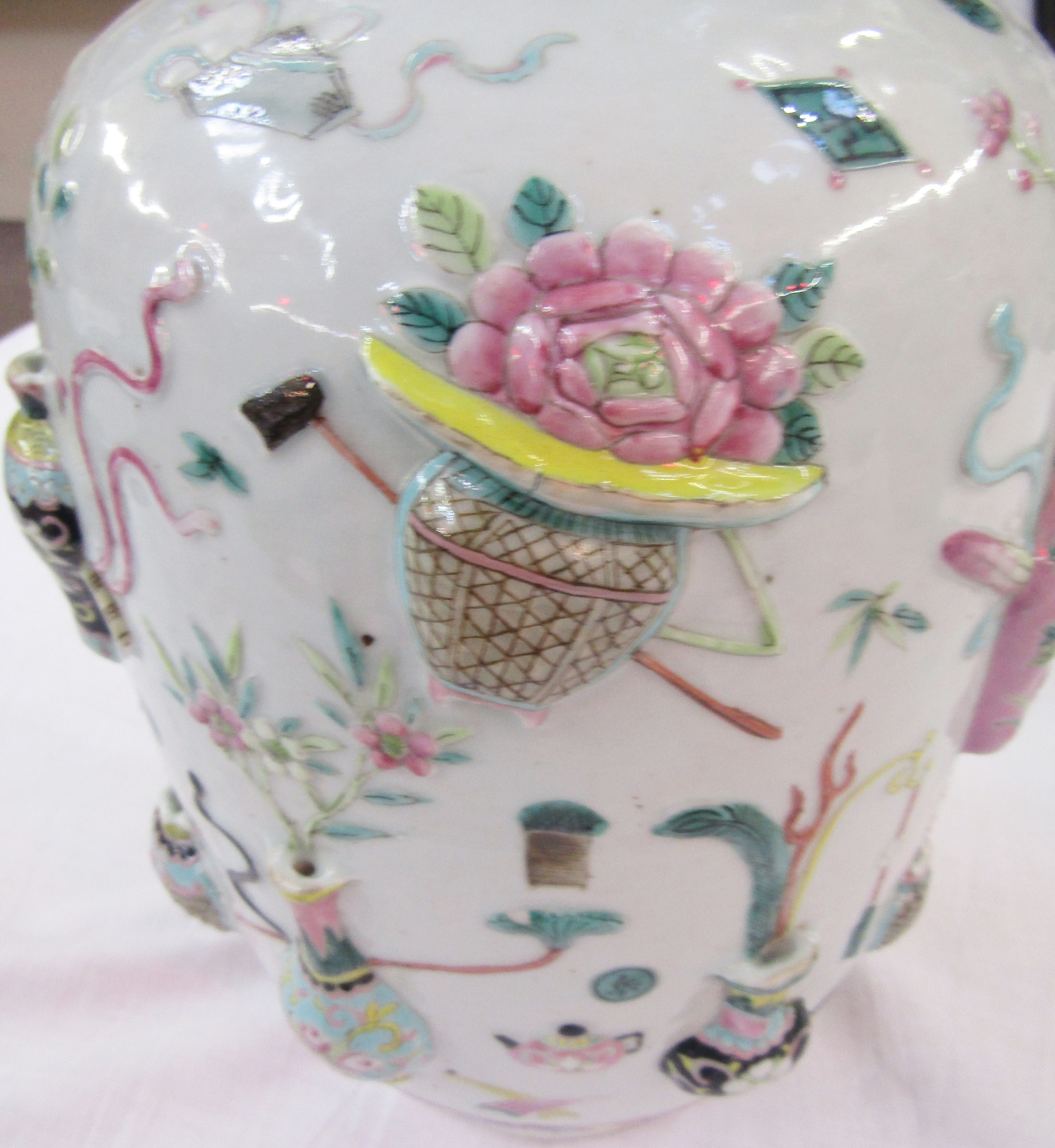 Pair of Chinese porcelain famille rose 'One Hundred Antiques' relief-moulded oviform vases, Qing - Image 48 of 85