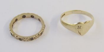 9 carat gold heart pattern signet ring and 9 carat gold eternity ring, set white stones, 3grms total