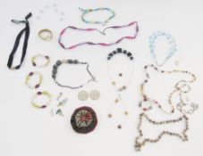 Two various hardstone bead necklaces, quantity of costume jewellery, two Churchill crowns 1965,