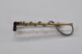 Victorian yellow and white gold-coloured metal, diamond and ruby riding crop brooch set four old cut