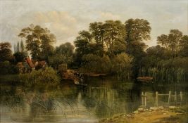 Richard Allam (19th century) Oil on canvas Figures in a punt before a cottage in river landscape,