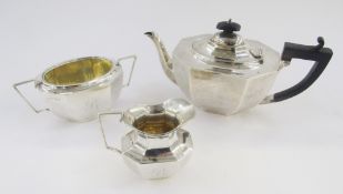 Silver three-piece tea service, all panelled with angular handles, Birmingham 1916, 31ozt total