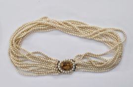 Cultured pearl multiple strand choker necklace, ten strand, having 9ct gold clasp set possible large