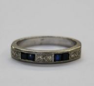 Art Deco half eternity white metal ring with sapphires and diamonds, unmarked, 4.2g, ring size O