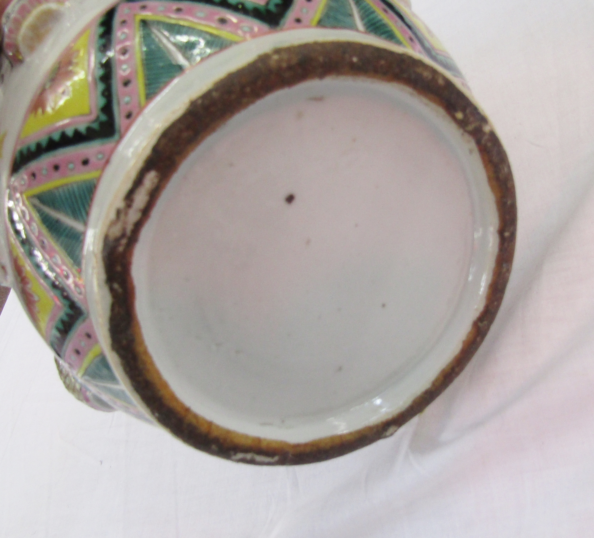 Pair of Chinese porcelain famille rose 'One Hundred Antiques' relief-moulded oviform vases, Qing - Image 32 of 85