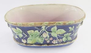 Late 19th century majolica jardiniere, of shaped rectangular form, moulded with fruiting