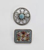 Edwardian silver and polished blue hardstone brooch, Chester 1909, and a micro-mosaic brooch,