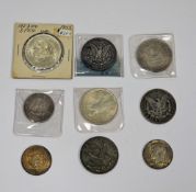 Collection of coins including three USA silver dollars dated 1886, 1889 and 1891, Victoria Jubilee