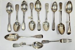 Collection of twelve silver table spoons and a silver table fork, George III to Victorian, fiddle