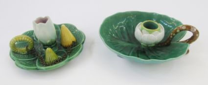Minton majolica lilypad chamber candlestick and another majolica candlestick similar, late 19th