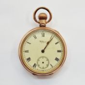 Waltham gold plated open faced pocket watch, the dial with Roman numeral hour markers, seconds