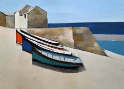 M. J .Praed (British b. 1941) Oil on board Boats resting in boatyard, building in the background,