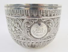 Victorian silver sugar bowl, with heavily embossed Indian style floral and scrolling decoration,