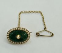 Victorian gold, green guilloche enamel and seed pearl set brooch on chain, with scratch marks,