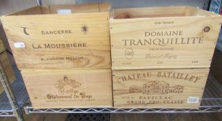 Eight branded wooden wine crates to include Chateauneuf du Pape, Chateau Batailley Pauillac Grand