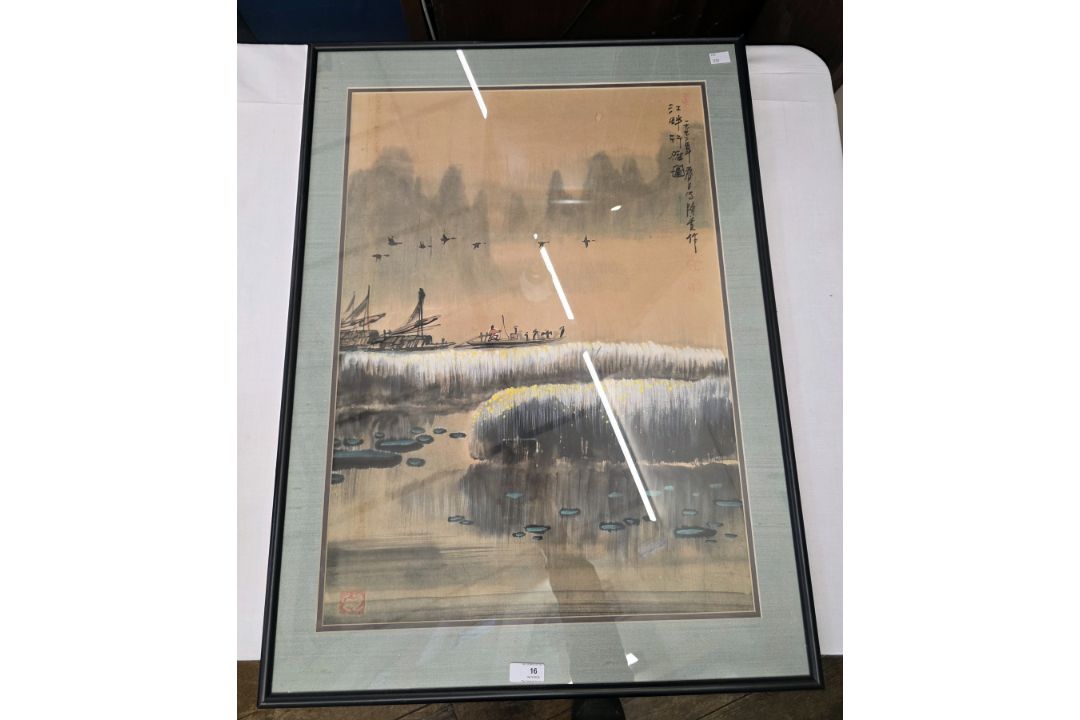 Oriental colour print, sailing and other vessels with shoreline in foreground with character marks - Image 10 of 12
