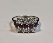 18ct white gold, ruby and diamond ring, set row of 5 rubies flanked by 2 rows each of 4 diamonds,