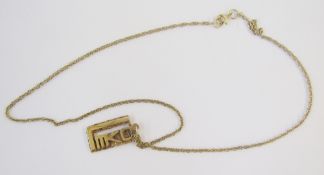 9 carat gold 'LOVE' pendant, rectangular and pierced, on fine Prince of Wales chain, 5 grms total
